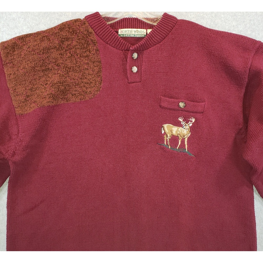Vintage North Winds Sweater Cotton Traders Mens Burgandy Sz XL Embroidered Deer